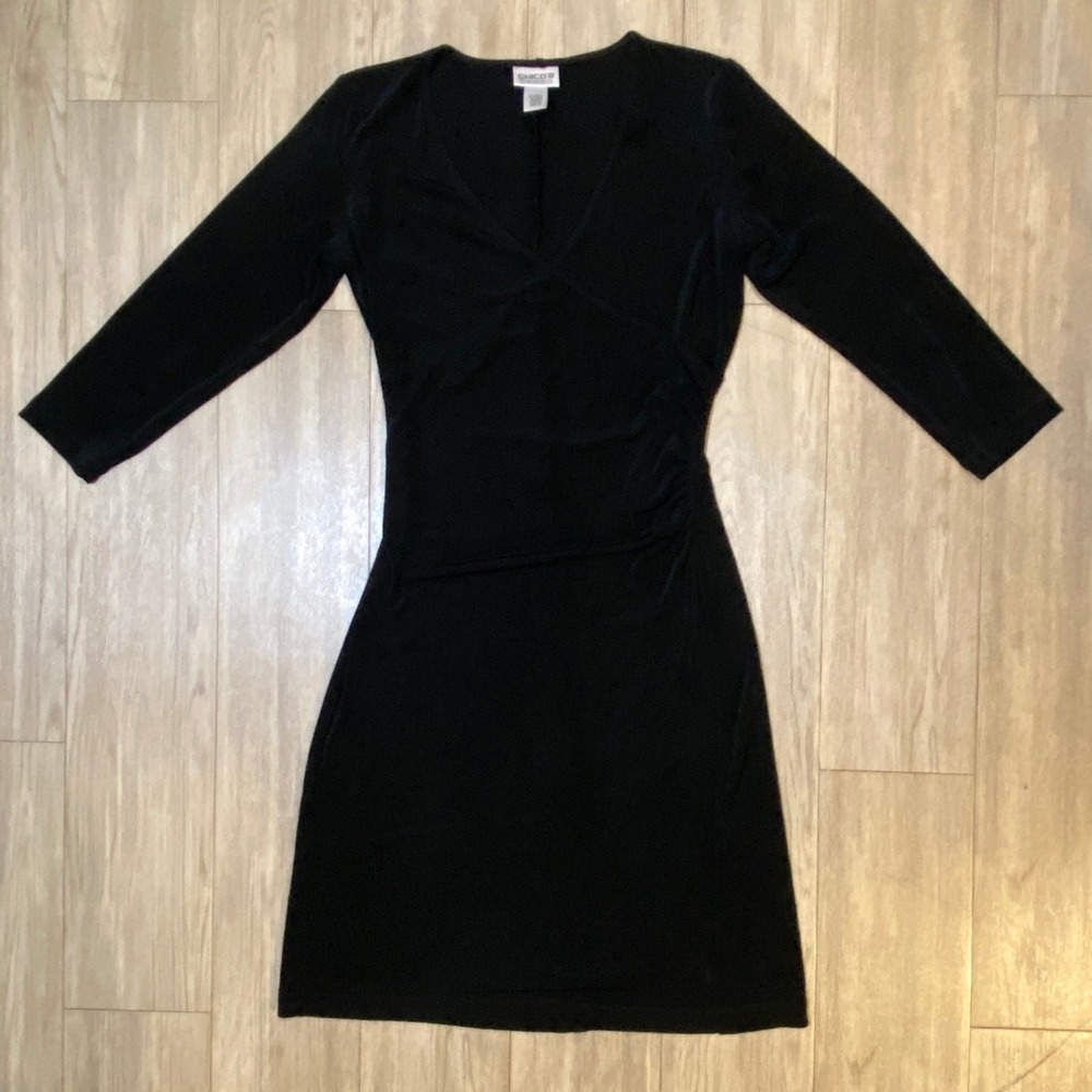 Chicos Travelers Black Faux Wrap Ruched Slinky Knit Midi Dress Size 0 3/4 Sleeve